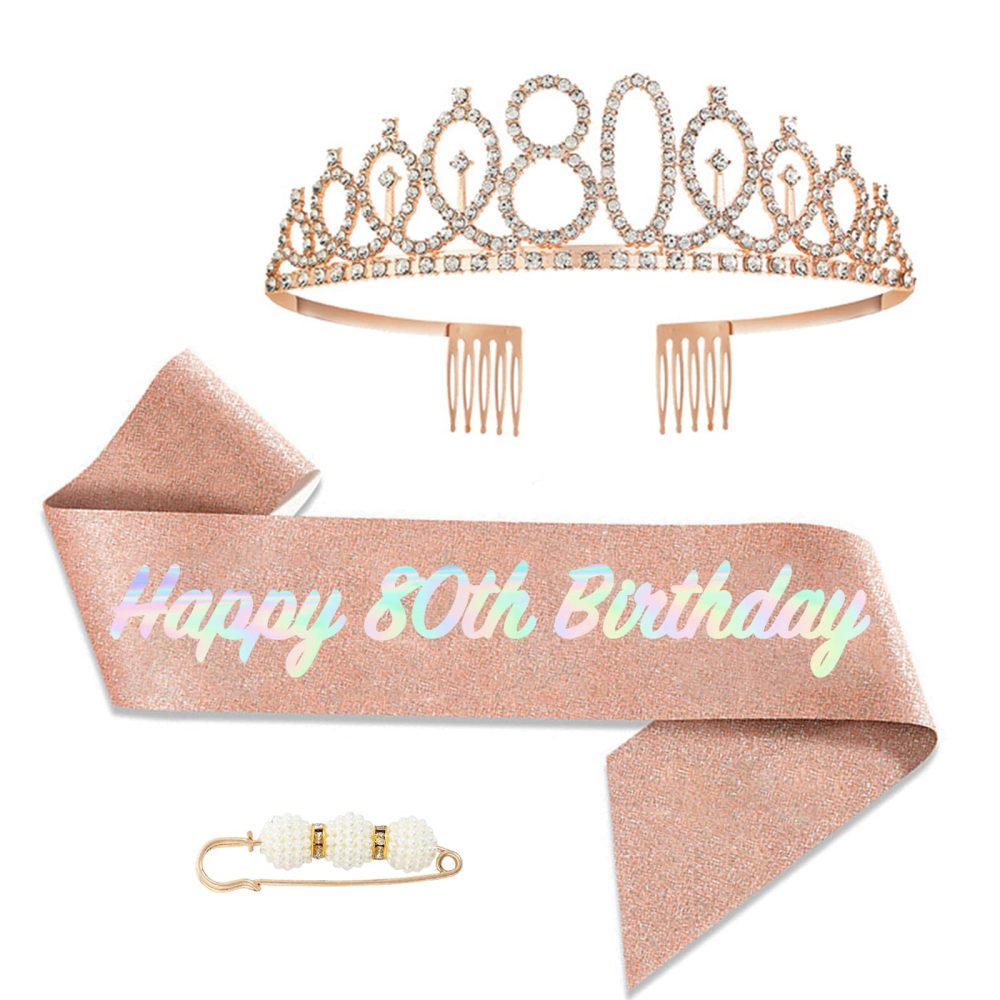 80th Birthday Girl Sash and Tiara,Rose Gold 80th Birthday Crown and Sash for Her,Girls 80th Birthday Decorations Party Accessories,Birthday Crown Costume Set for Girls 80th Birthday Gifts