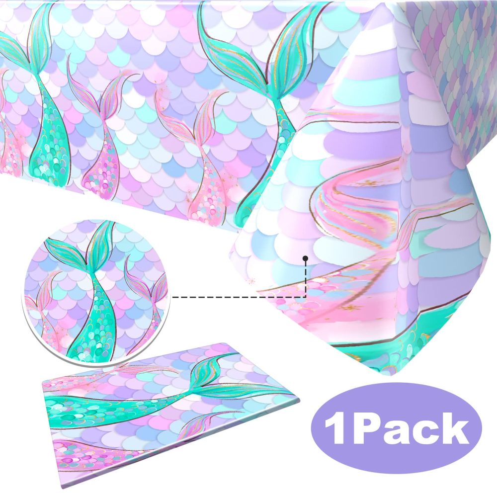 Paready 1 Pack Mermaid Tablecloth, Mermaid Table Cloths for Parties, Mermaids Table Cover for Girls Princess Birthday, Baby Shower Tablecloths for Kids Girl Sea Themed Party Supplies, 54" x 108" - Image 5