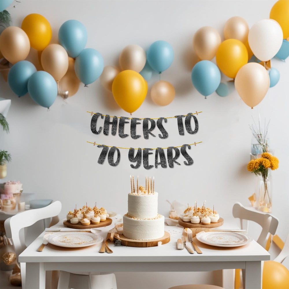 TOYVENTURES Cheers to 70 Years Black Glitter Banner - Happy 70th Birthday Party Decorations 8 Feet, 70th Wedding Anniversary Party Supplies - Milestone Celebration Decor - Pre-strung, No DIY Required - Image 4