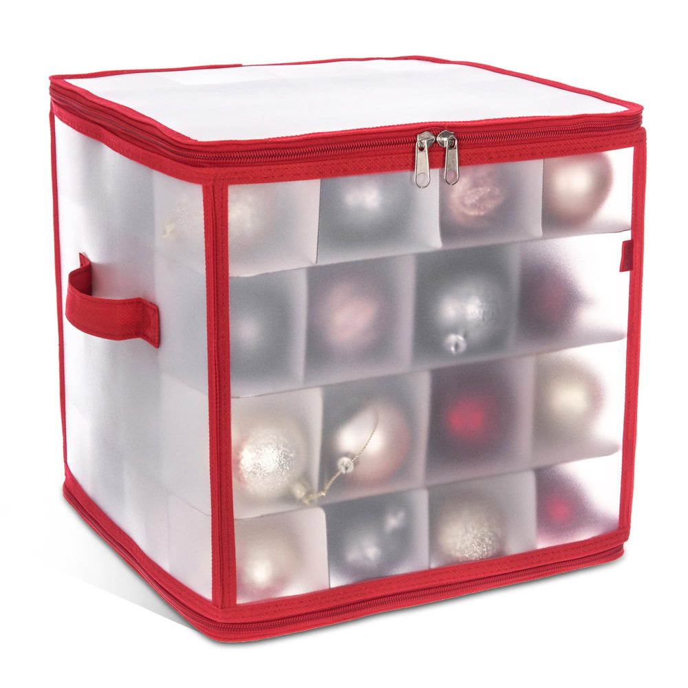 Christmas Village Bauble and Decoration Storage Cube with Padded Dividers for 64 Xmas Ornaments – Heavy Duty Folding 4 Layer Holder with Separators, Zipped Lid and Handles (Red)