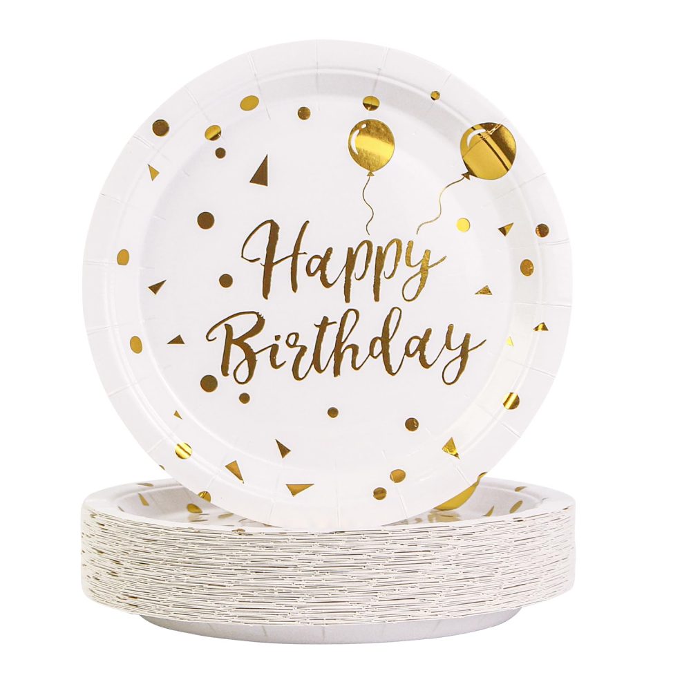 BOKFJBP 50 Pack Party Paper Plates 9 inch Happy Birthday White and Gold Party Paper Plates Set,Disposable Dinner Plates Party Tableware for Graduation, Birthday Decorations, Christmas