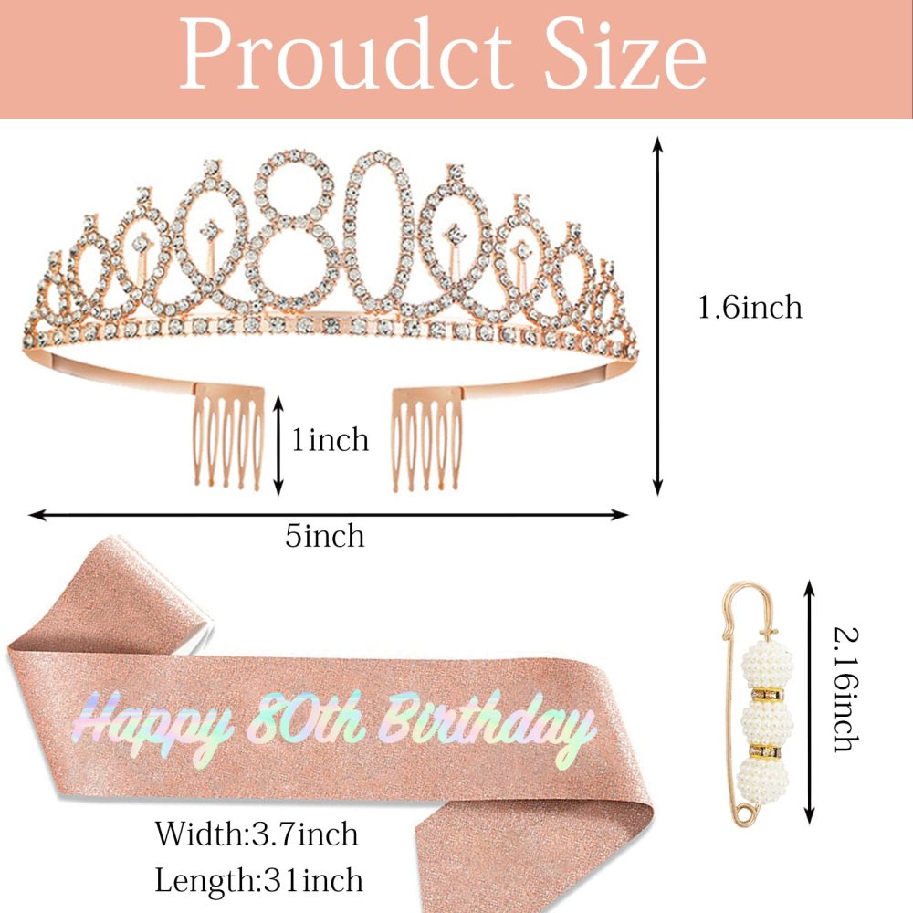 80th Birthday Girl Sash and Tiara,Rose Gold 80th Birthday Crown and Sash for Her,Girls 80th Birthday Decorations Party Accessories,Birthday Crown Costume Set for Girls 80th Birthday Gifts - Image 7