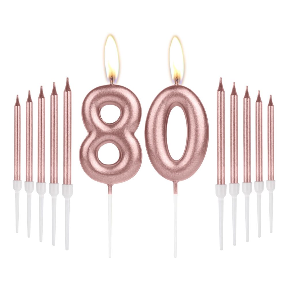 Girls 80th Birthday Candles Decorations, Number 80 Candle with Rose Gold Long Candles, Birthday Candles for Cake, Cake Candle Cake Topper for Women Birthday Party 80th Wedding Anniversary Celebrations