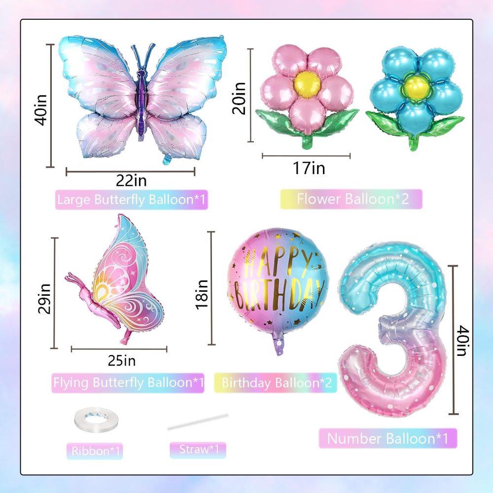 Oynearo Butterfly Balloons 3rd Birthday Decorations for Girl Flowers Balloon and Round Gradient Balloons for Birthday Baby Shower Party Supplies Decor（Number 3） - Image 5
