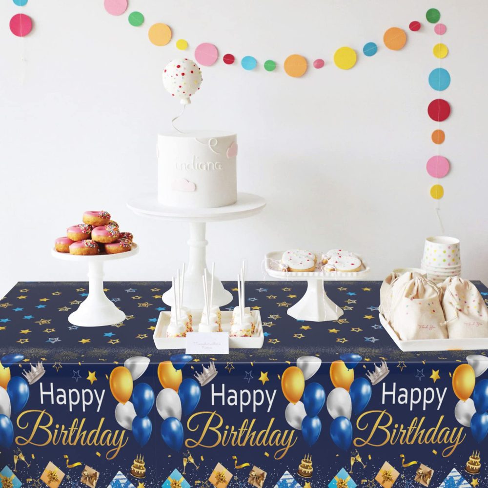 Blue Gold Birthday Table Cloth, 1PC Navy Blue and Gold Tablecloth for Birthday Party Decorations, Blue Happy Birthday Tablecloth Rectangle for Boys Girls Women Men Birthday Baby Shower Decorations - Image 5