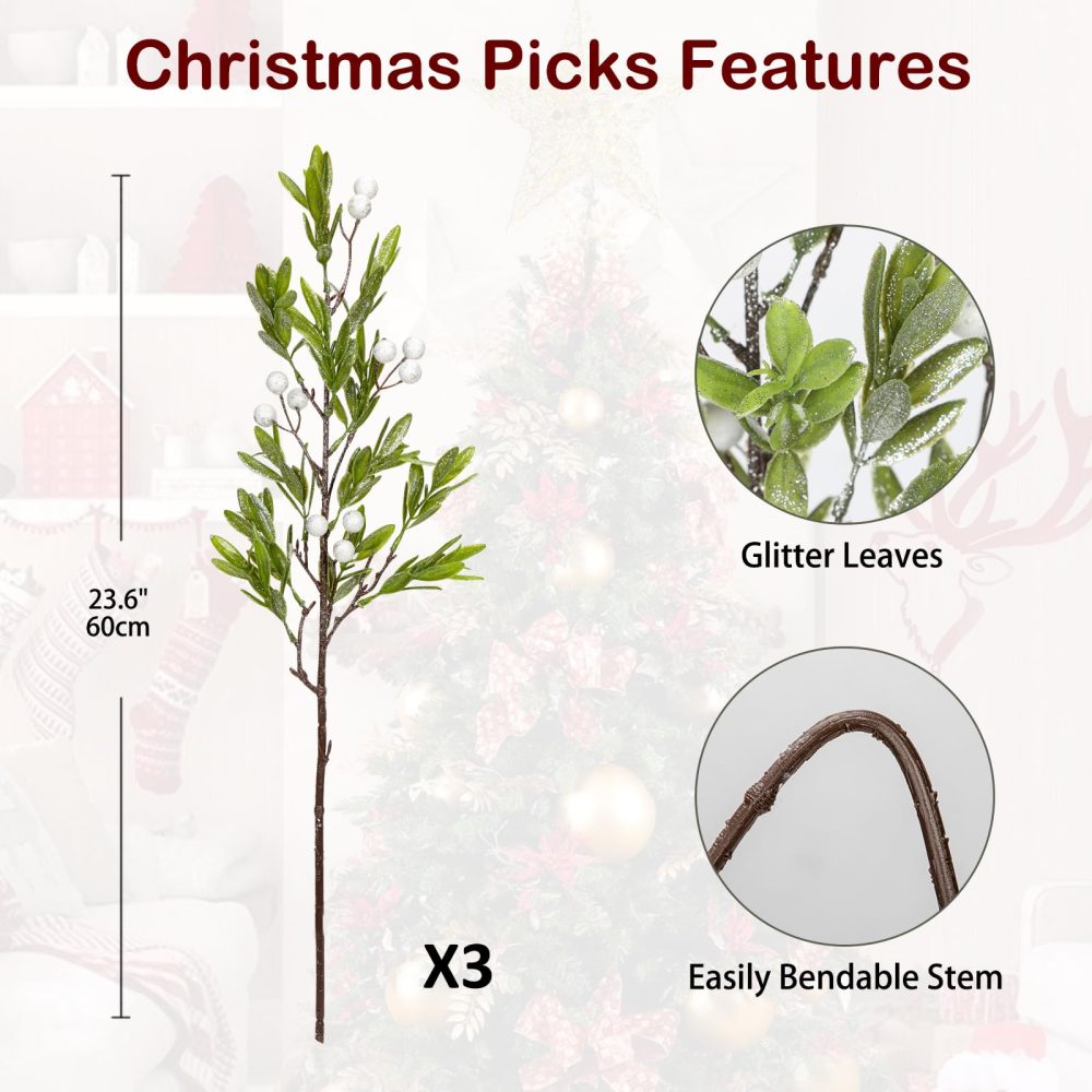 Oairse 3 Pcs Christmas Tree Picks and Sprays 50CM Green Glitter Christmas Picks Faux Frosted Mistletoe Spray with Berries for Christmas Tree Filler Branches Wreath - Image 6