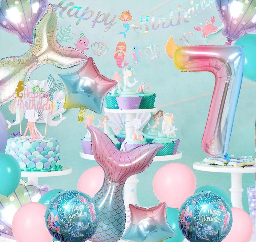 Mermaid Birthday Decorations Little Mermaid Party Decorations 7rd Birthday Decorations For Girls Include Mermaid Balloons Mermaid Number Balloon 7 Mermaid Bunting Happy Birthday Banner - Image 5