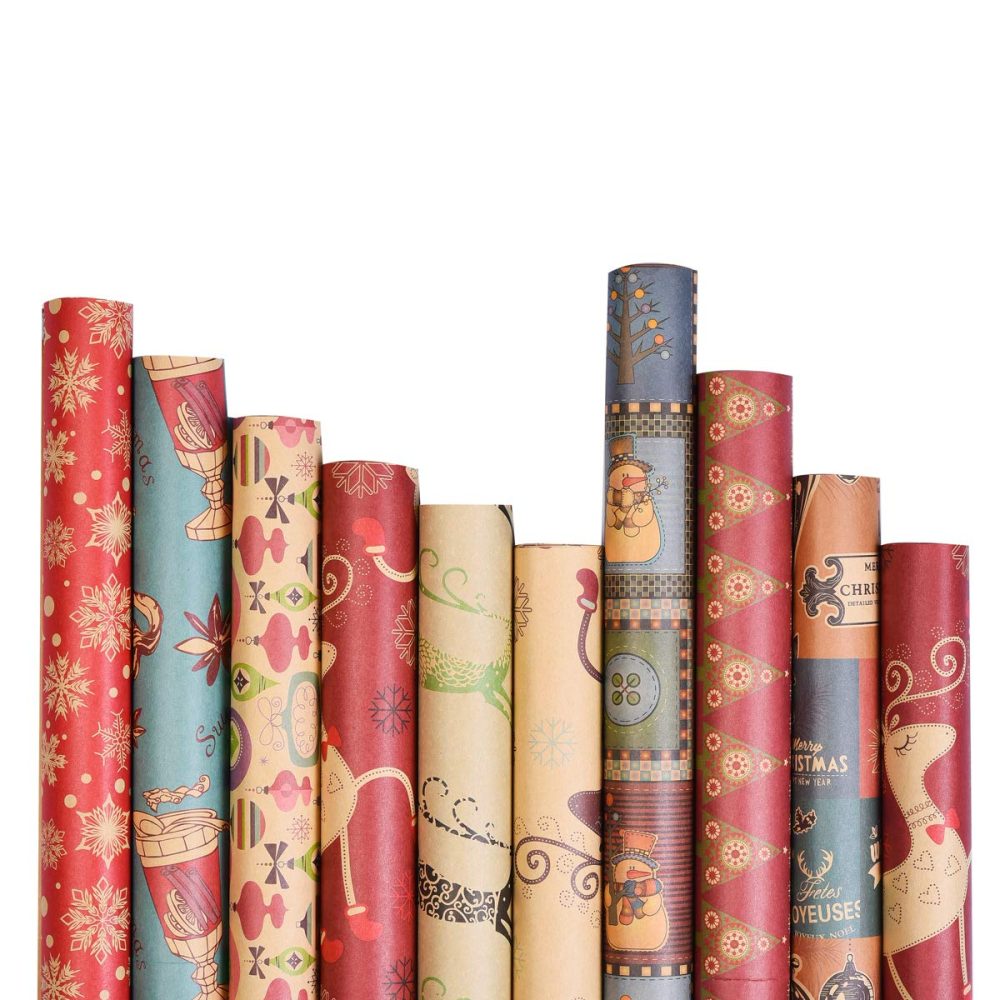 Christmas Wrapping Paper, 12 Pack Recyclable Kraft Paper 70x50CM in Folded Sheets with 10 Unique Designs (Bonus 16 Feet Jute String and 10 Tags) - Image 3