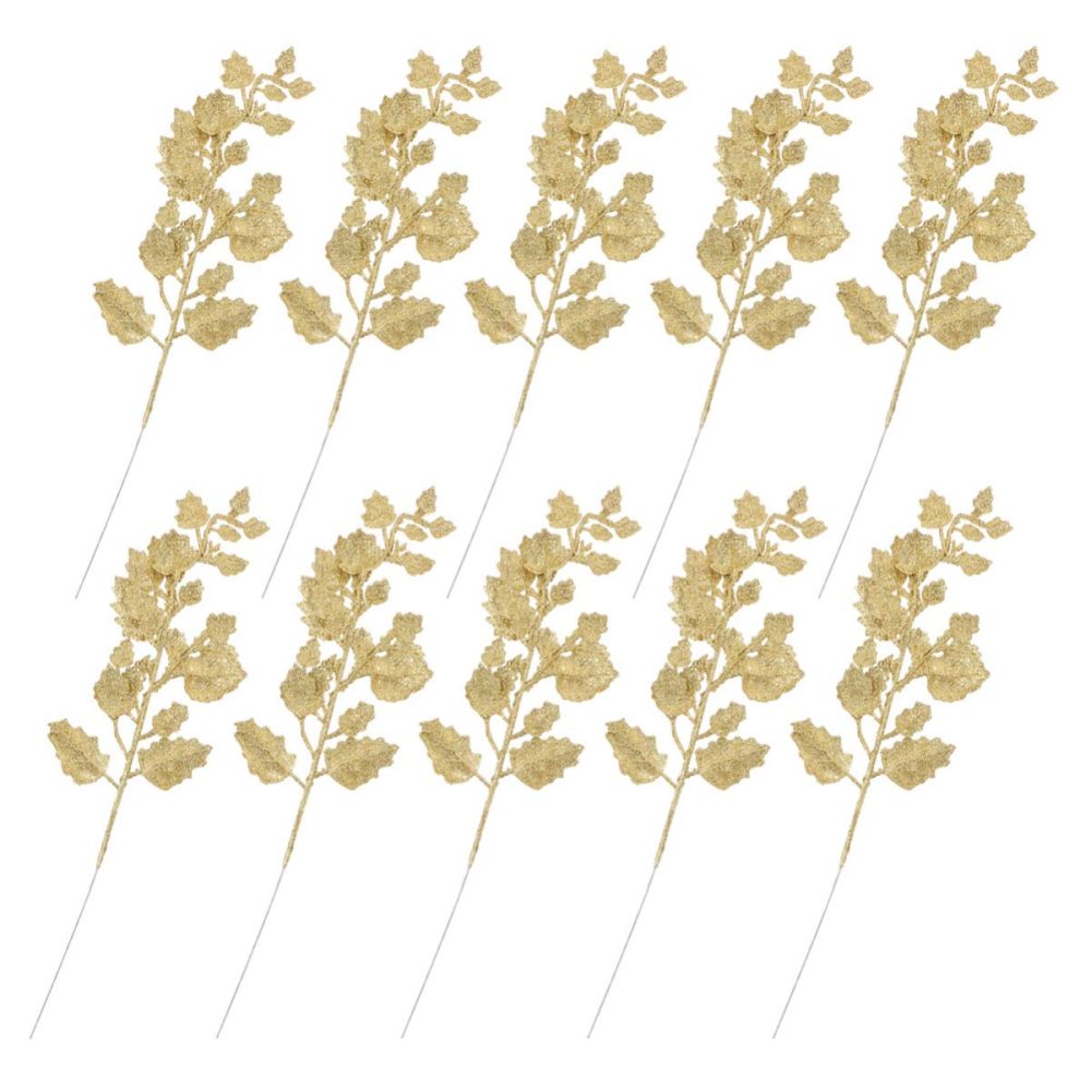 NUOBESTY 10Pcs Chinese Glitter Leaves Picks Sprays Artificial Holly Leaves Picks Stems Wired Twig Stem Fake Bunch for DIY Garland Holiday Wreath Ornament (Golden) - Image 9