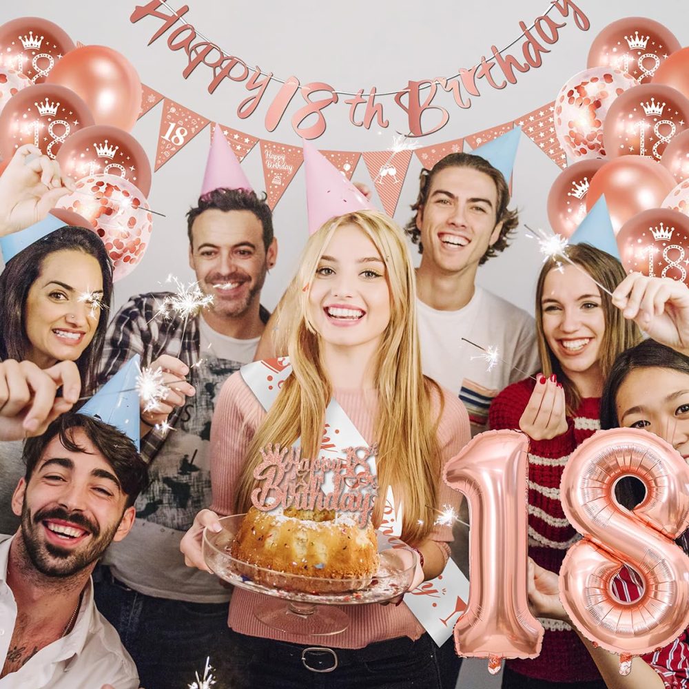 18th Birthday Decorations, Rose Gold 18th Birthday Decorations for Girls,Happy 18th Birthday Banner Triangle Flag Bunting 18th Birthday Sash 18 Balloons Cake Topper for Happy 18 Party Supplies Favor - Image 4