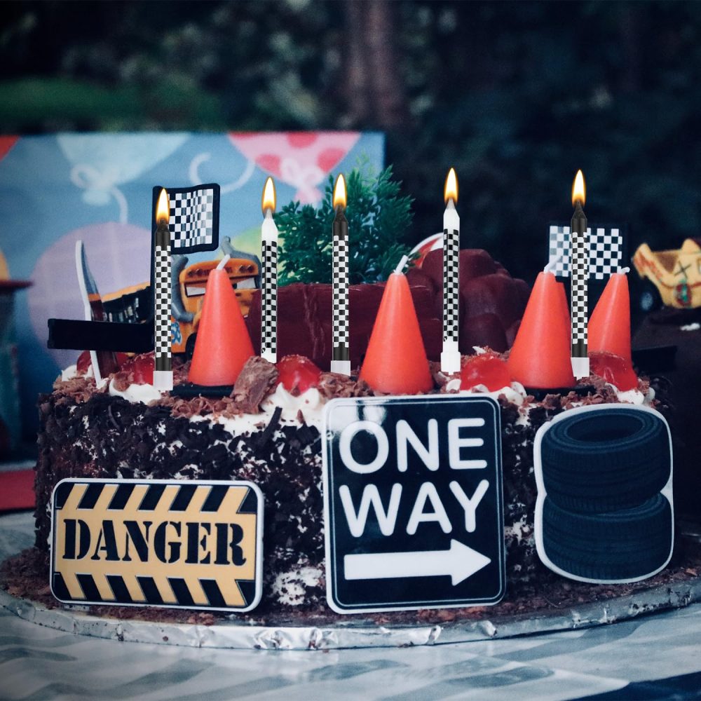 12pcs Racing Cars Themed Birthday Candles, Black and White Birthday Checkered Candles Cake Topper Candle for Racing Car Party Birthday Party Baby Shower Favors - Image 2