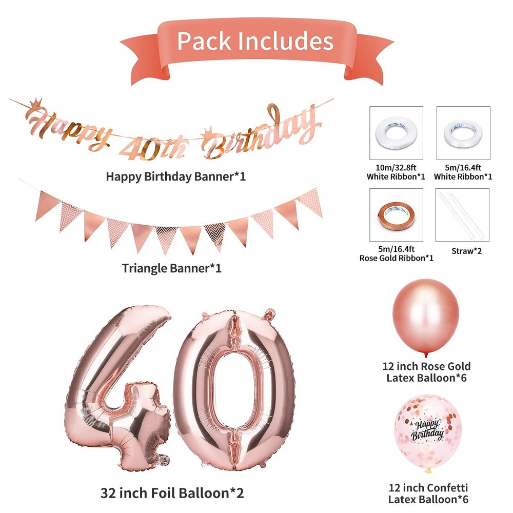 Beainfir 40th Birthday Decorations Set Include Rose Gold Happy 40th Birthday Banner,Triangle Flag Banner,Confetti Latex Balloons and Foil Balloons for Party Decoration Supplies for Girls and Boys - Image 3