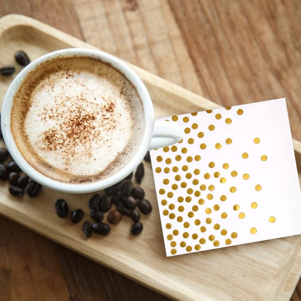 20PCS Gold Napkins Disposable 6.4X6.4 Inch White and Gold Party Napkins Cocktail Serviettes Napkins Birthday Golden Wedding Anniversary Napkins Baby Shower Paper Napkins Gold Dots Bridal Shower Napkin - Image 5