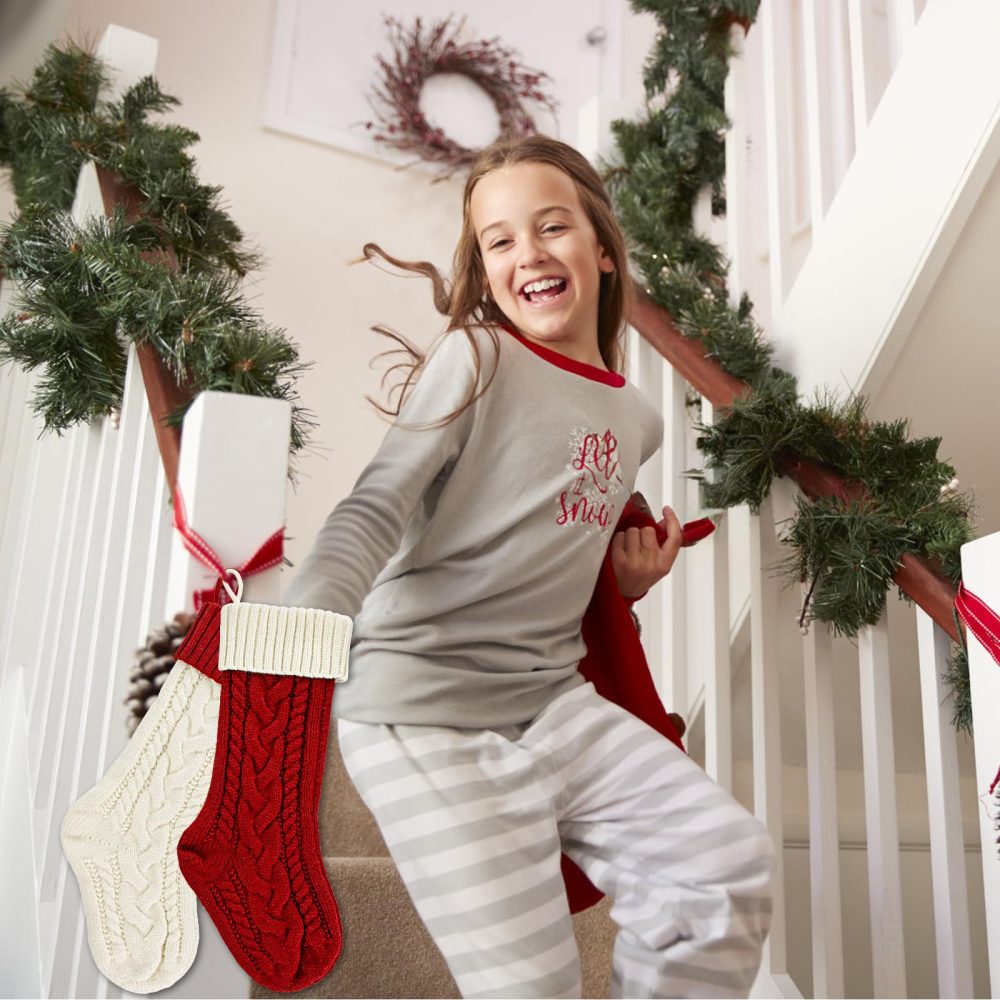 Covienapp 18 in Knit Christmas Stockings Red Christmas Socks Large Xmas Stockings Hanging Gift Bag Socks for Home Decor Christmas Tree Christmas Fireplace - Image 4