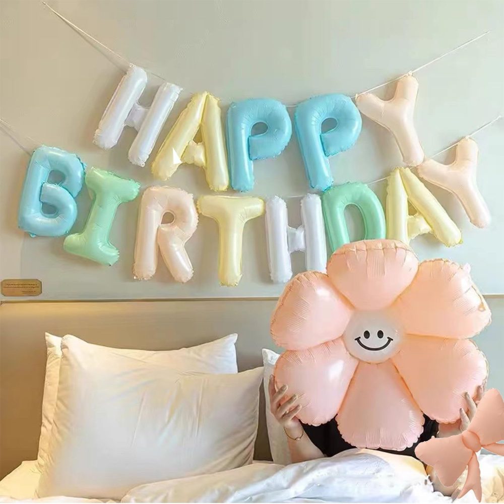 Colorful Happy Birthday Bunting Balloons ，Daisy Party Decorations With Flower Foil Balloon，13 Letter Alphabet Balloons for Women/Girls