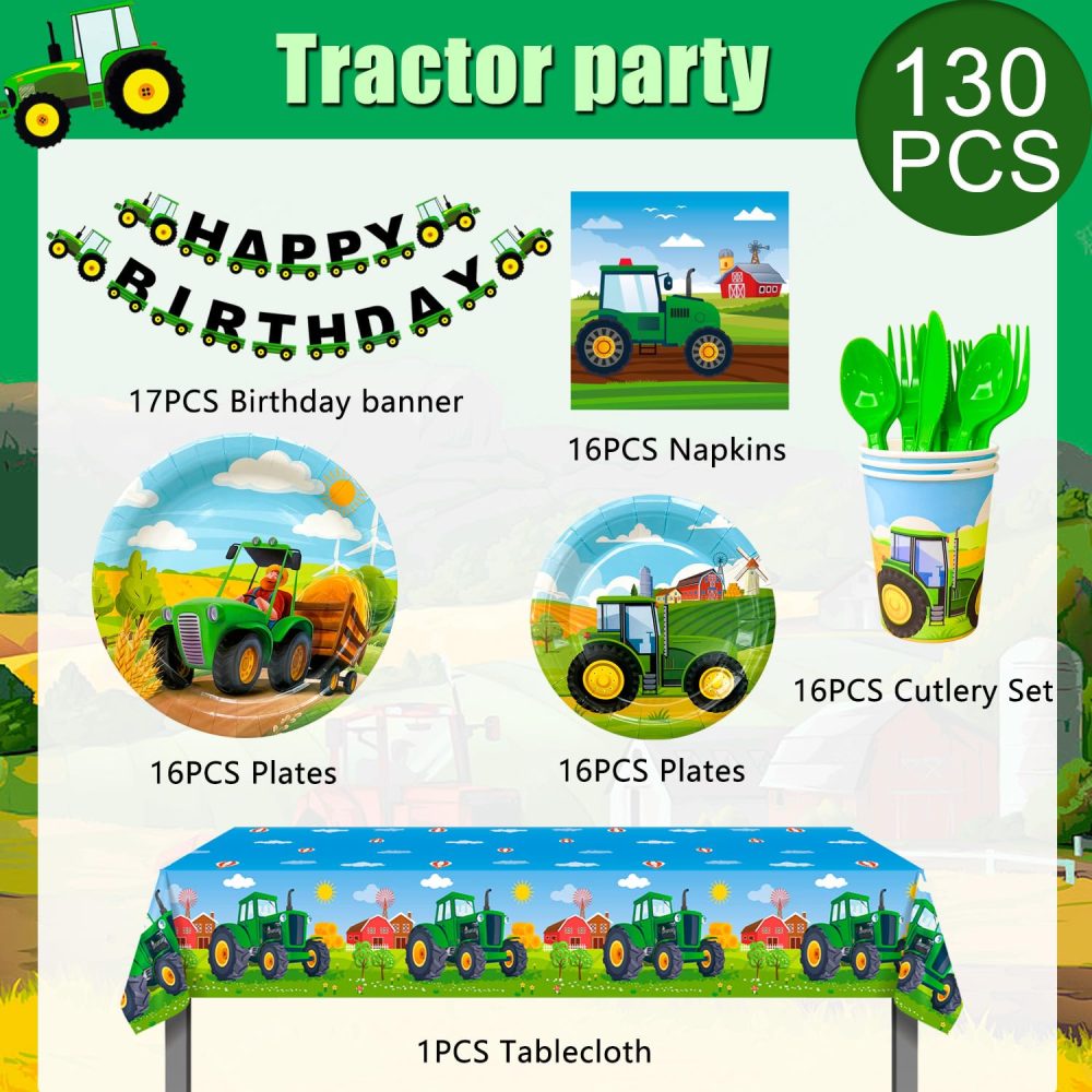 Fruitful Party Tractor Party Decorations Tableware,130pcs Tractor Party Tableware Set-Tractor Plates Cups Banner etc Tractor Farm Party Tableware Supplies for Boys,Green,7''&9'', (2023052005) - Image 2
