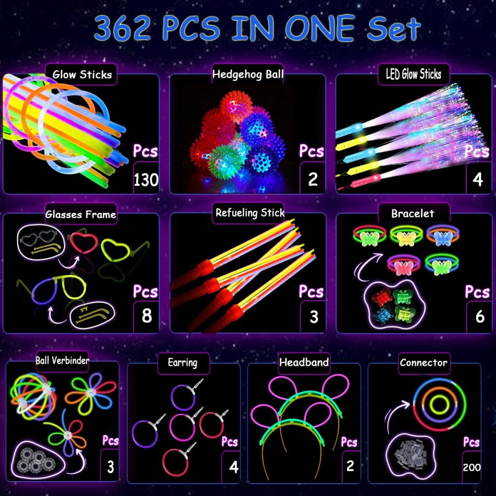 zycBernoi 362 PCS Glow Sticks Party Packs for Children, Glow in the Dark Party Supplies, Glow Sticks Bulk DIY Glow Necklaces Glasses Bracelets Headband, Neon Party Supplies & Decorations - Image 7