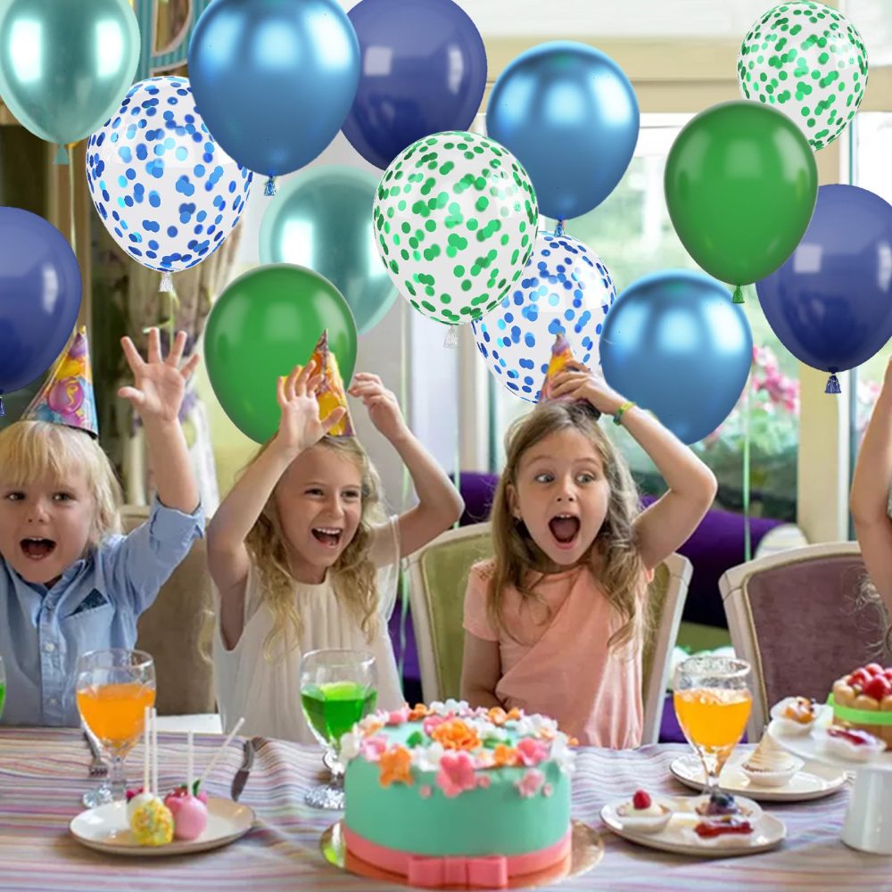 Blue and Green Balloon Set, 12 Inch Navy Blue Dark Green Balloon Metallic Chrome Green Blue Balloons, Confetti Green Blue Balloons for Jungle Safari Theme Boys Birthday Party Decorations - Image 3