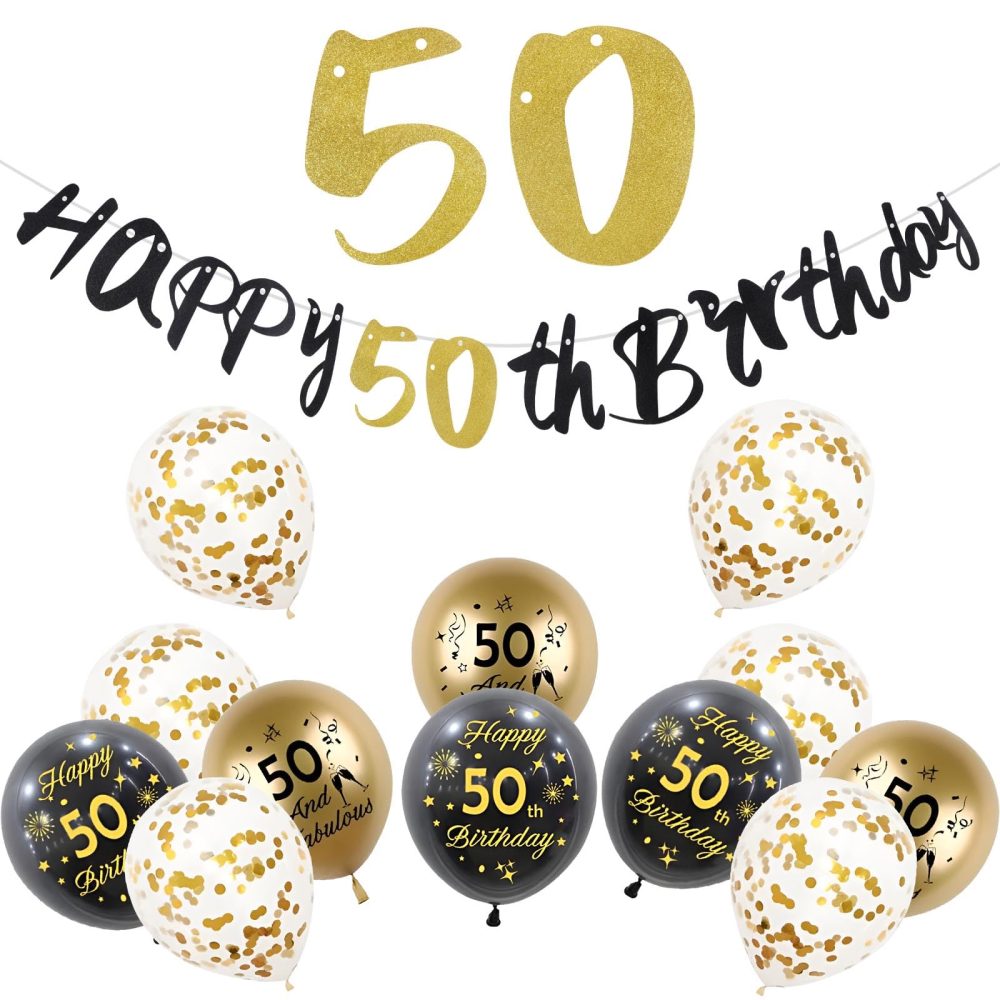 50th Birthday Decorations for Him,Black Gold Birthday Decoration Kit Incloud 10 Pcs Black Gold Happy 50th Birthday Latex Confetti Balloons 50th Birthday Banners for Men Women 50th Birthday Supplies - Image 2