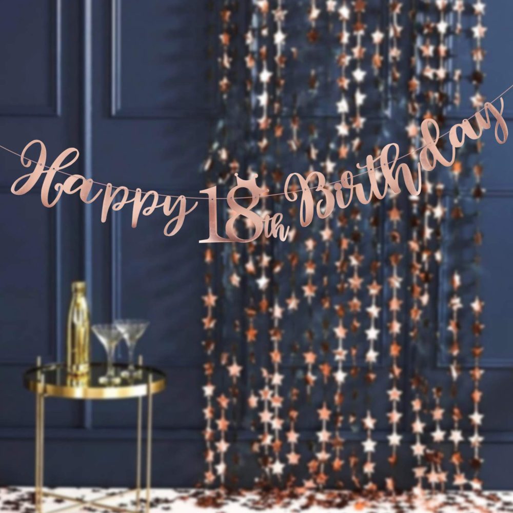 Happy 18th Birthday Banner Crown Garlands Backdrop Bunting Eighteen Years Old Anniversary Photo Booth Background DIY Party Decoration Supplies for Boys or Girls Living Room (Rose Gold) - Image 2