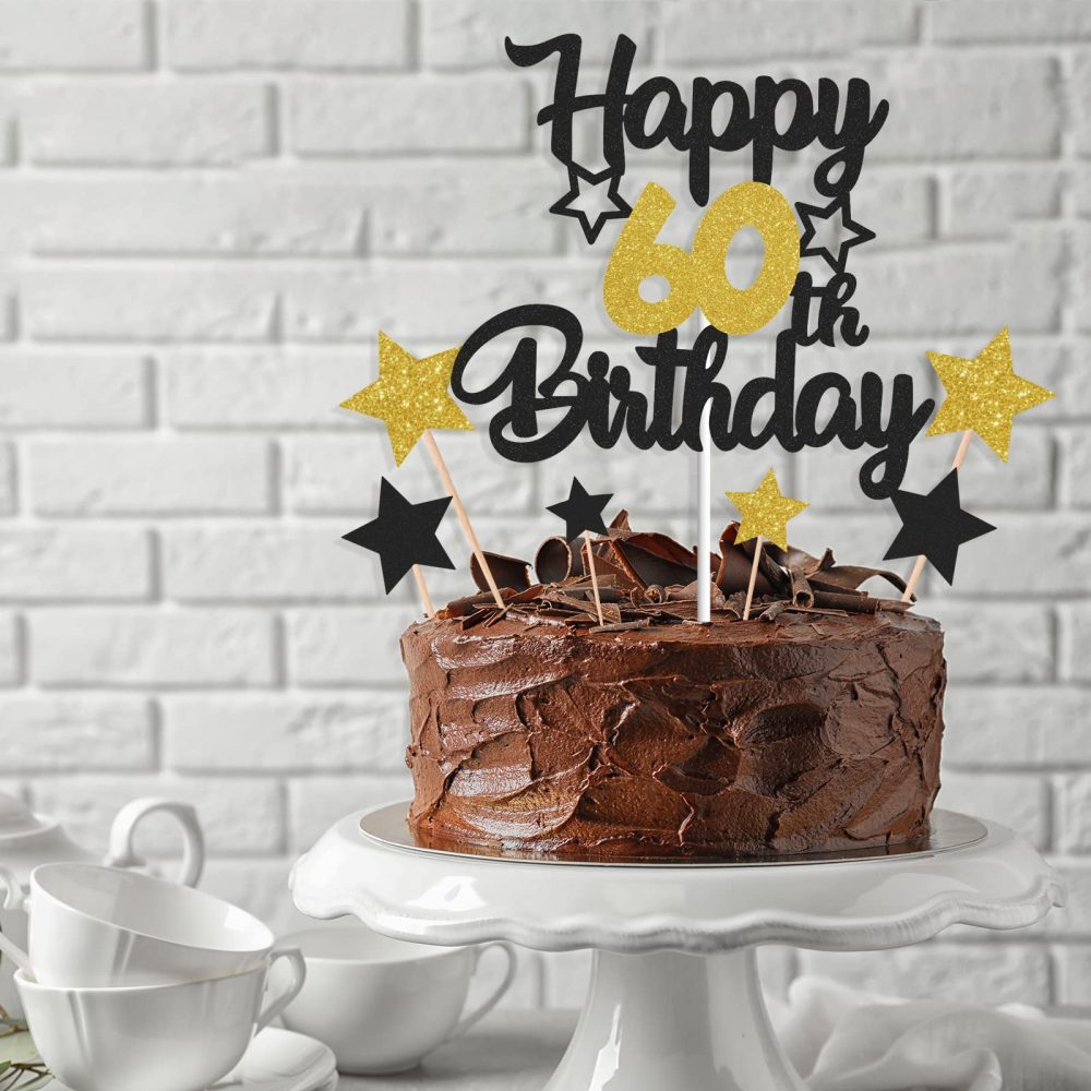 Gidobo 60th Birthday Cake Toppers, Black Gold Glittery Cake Decorations with Stars, Sixty Years Old Birthday Party Supplies for Men and Women - Image 4