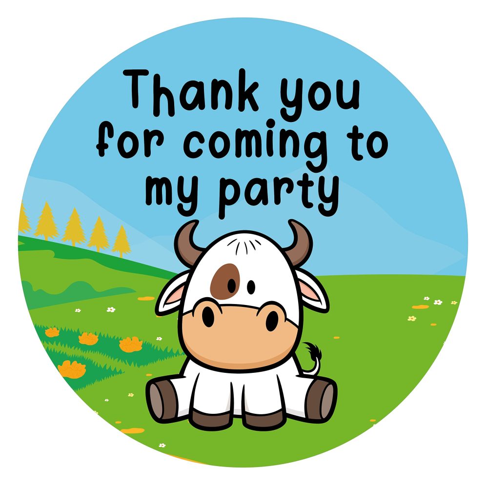 40mm Farm Animal Thank You for Coming to My Party Round Stickers for Party Bags & Sweet Cones: Cow, Sheep, Chicken & Pig (24 x Stickers) - Image 3