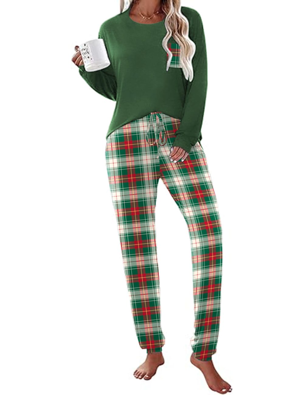 Ekouaer Ladies Plus Size Winter Pjs Fall Colours Plaid Womens Pyjamas Soft Cotton Lounge Set Loungewear, Green Plaid, L