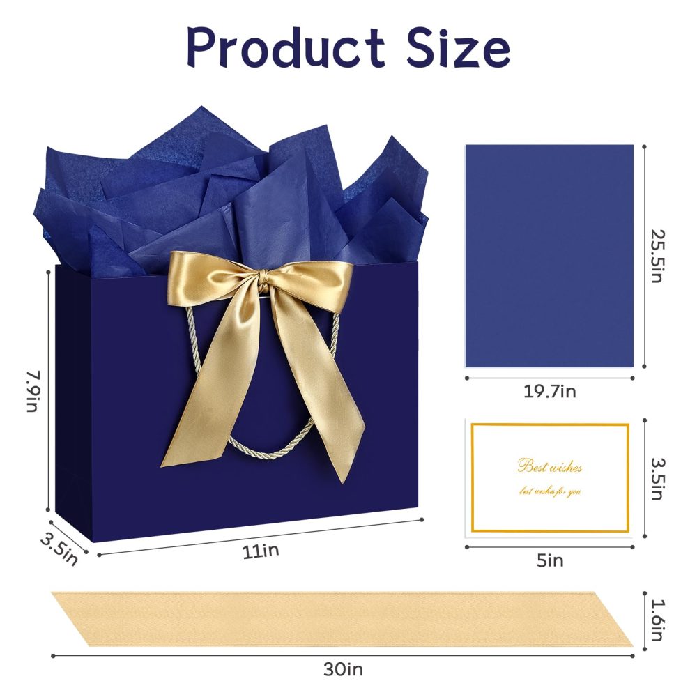 Gift Bags, Medium Gift Bags for Presents with Bow Ribbon, Present Bags with Handles 4 Tissue Papers and 2 Cards for Valentine's Day, Weddings, Birthday, Party, Celebration, Christmas(Blue 2Pcs) - Image 7