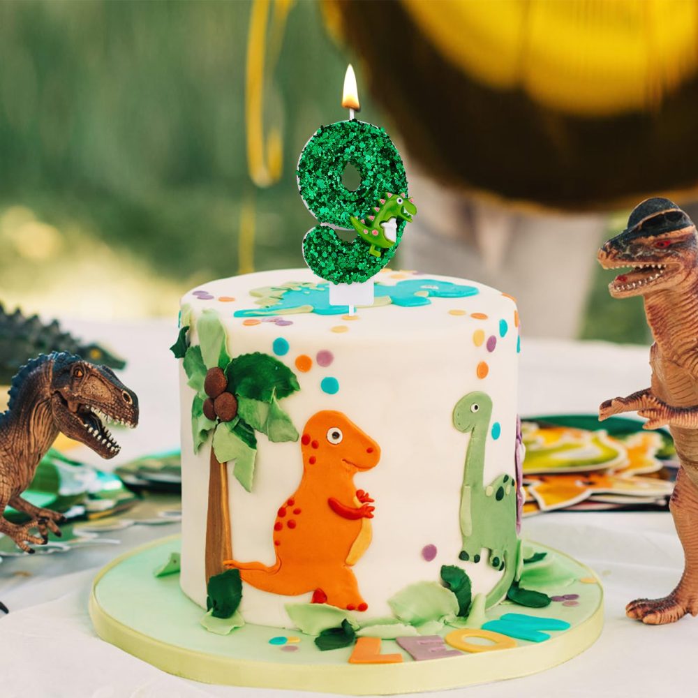 Dinosaur Birthday Candle, Green Sequin Birthday Candle Number Candle 3D Dinosaur Cake Candle Cake Topper Candle for Birthday Party Dinosaur Theme Party Decorations (9) - Image 2