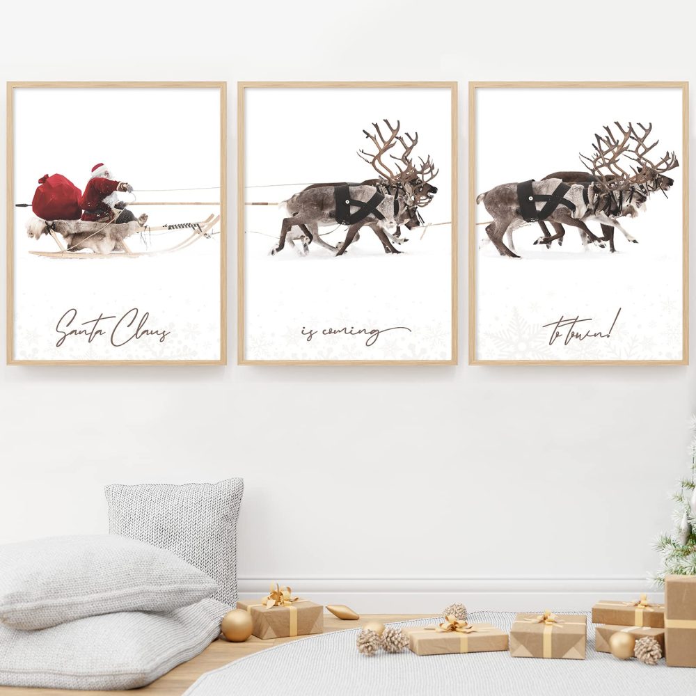 AnyDesign 3Pcs Christmas Wall Art Prints 13x17in Santa Claus Reindeer with Sleigh Art Poster Decor Large Aesthetic Xmas Posters Room Decor for Gallery Living Room Bathroom Wall Decor(UNFRAMED) - Image 5