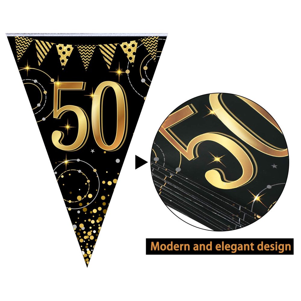Frienda Happy Birthday Banner Bunting Flags 5 Pieces Gold and Black Glitter Birthday Anniversary Party Decoration Supplies, 7.4 x 10.8 Inch (50th Birthday) - Image 6