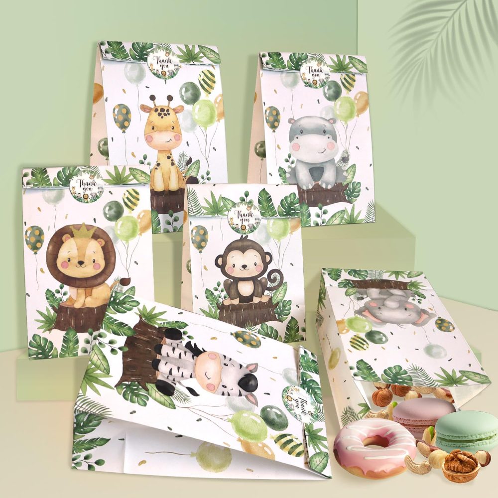 Heboland 24 Pack Jungle Party Bags, Kids Party Bags Animal Party Bags with 30 Stickers Wild One Birthday Decorations Baby Showe Bag Kraft Paper Party Bags Children's Party Bag Filler