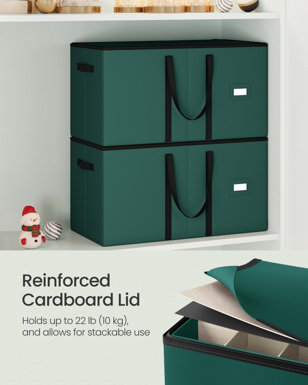 SONGMICS Christmas Decoration Storage Box, 7.6 cm 128 Slots, Stackable Christmas Bauble Storage Box with Lid, Dual Zippers, Adjustable Dividers, Non-Woven Fabric, Forest Green RFB039C01 - Image 5
