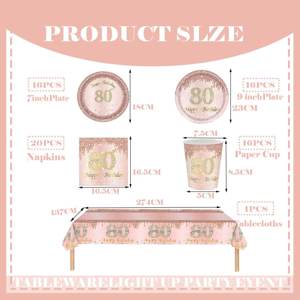 69pcs Rose Gold 80th Birthday Decorations,Happy 80th Birthday Tablecloth,Paper Plates,Napkins Serviettes and Cups Sets for 80th Birthday Table Decorations for Women,Men,Him,Her 80th Birthday Gifts - Image 7