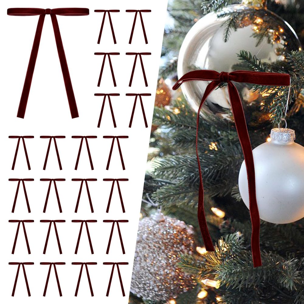 SIMISI RIBBON 24 Pcs Burgundy Velvet Christmas Tree Bows Door Garland Decor Vintage Wreath Bow (3/8'' Width, 5 * 7 inch)