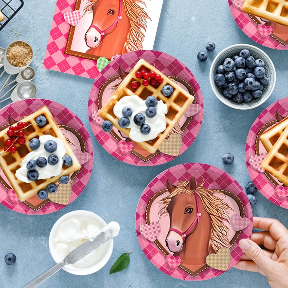 Horse Party Decorations 64 Pcs Horse Tableware Set Party Reusable Tableware Plates Paper Cups Napkins for Girls Kids Birthday Dinner Dessert Baby Shower Pink - Image 7