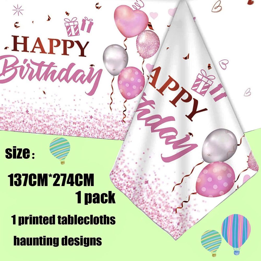 137*274cm Happy Birthday Disposable TableCloth Tablecover for Girls Her Birthday Party,Pink Birthday Rectangular Dining Table Cover Plastic Tablecloths for Baby Girls Women Birthday Party Decorations - Image 2