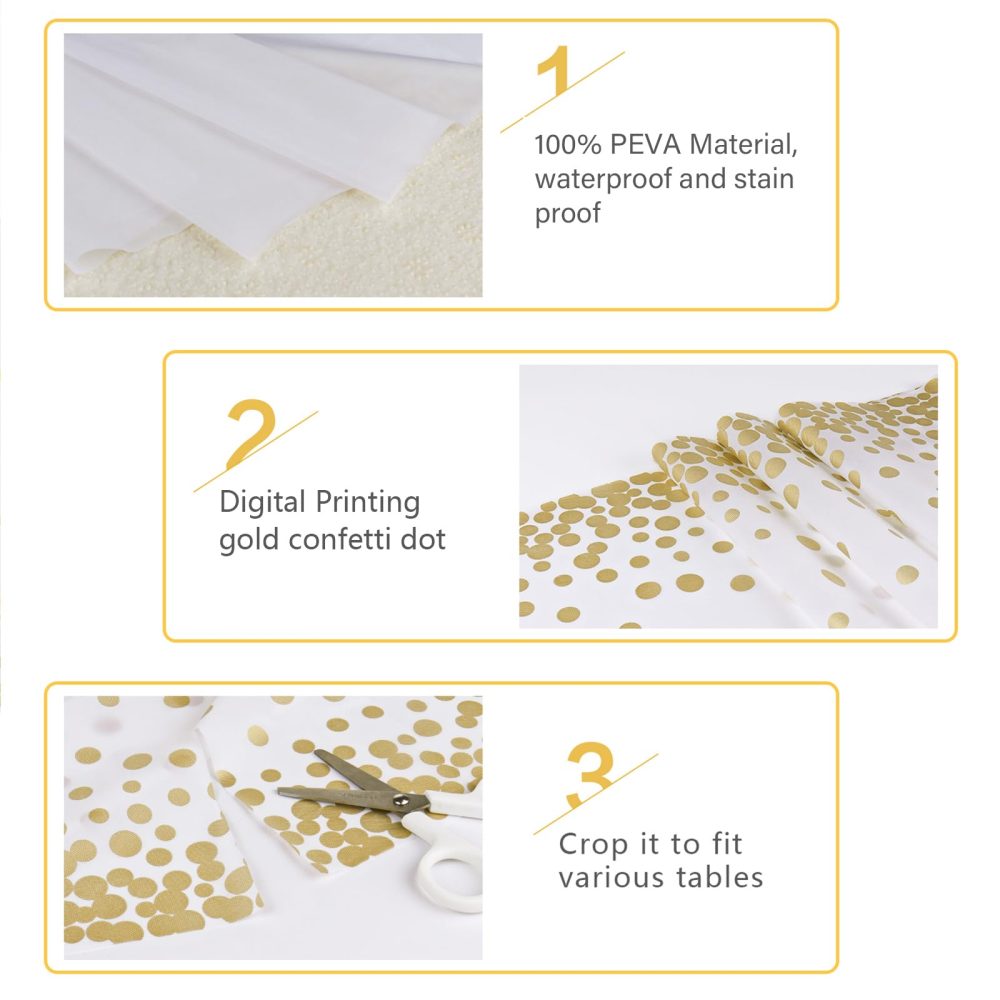 MOKANI Disposable Plastic Tablecloths, 4 Pack Party Rectangle Table Cloths, Gold Dot Confetti Rectangular Table Covers for Picnic Weddings Birthday Parties 54" x 108" - Image 5