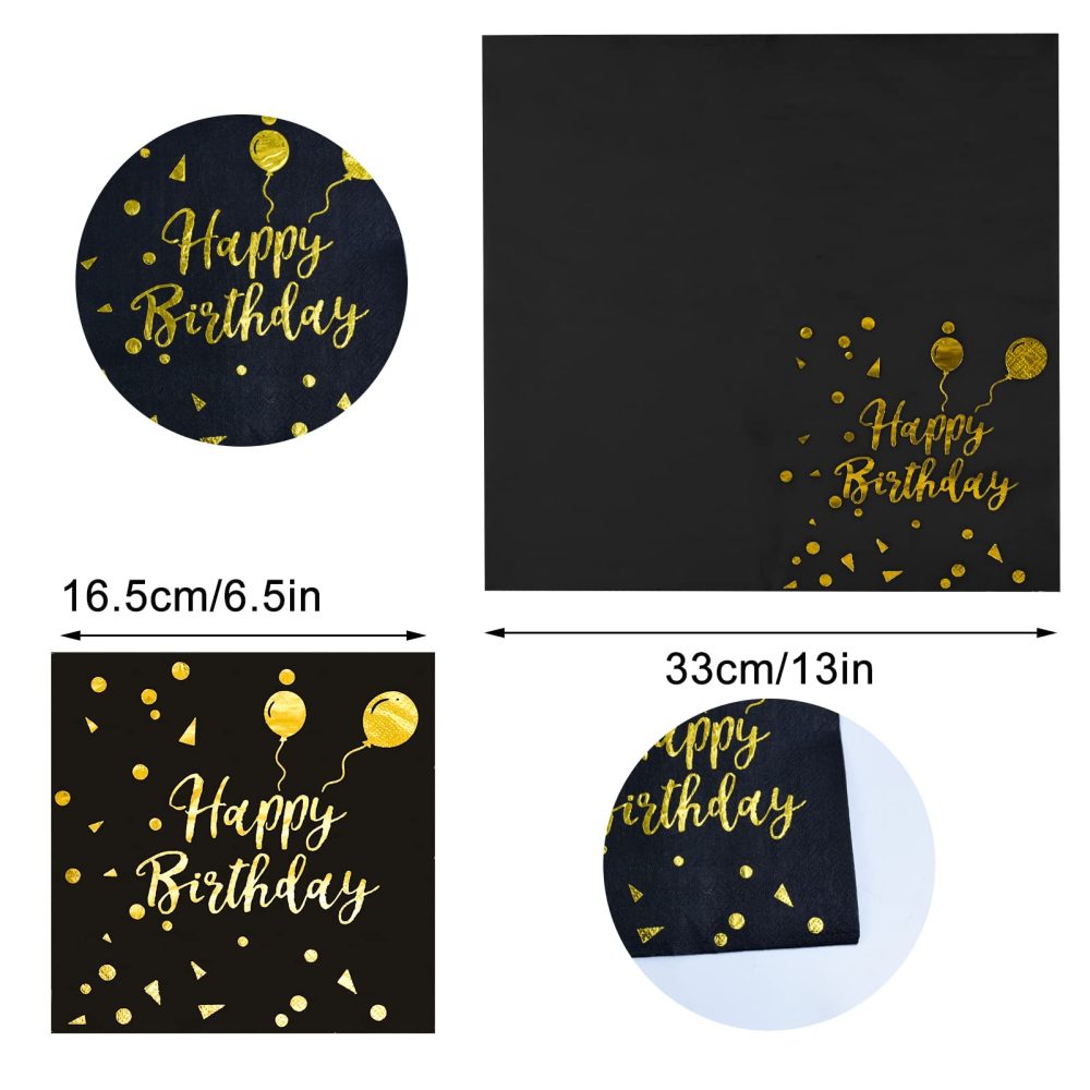 40Pcs Happy Birthday Napkins Black and Gold Party Napkins Birthday Paper Napkins Disposable Black Birthday Napkins Birthday Cocktail Napkins Gold Foil Napkins Birthday Serviettes Napkins for Women Men - Image 6