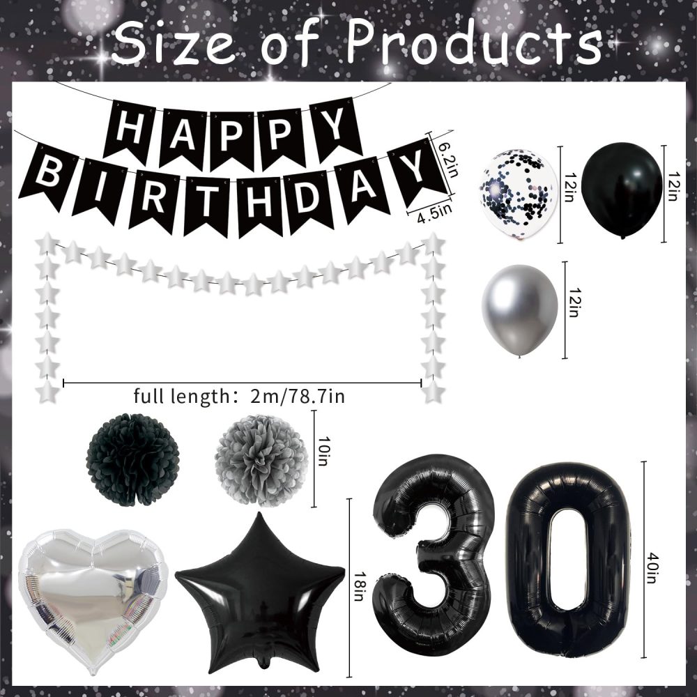 Afritee 30th Birthday Balloon Decorations - Black and Silver Happy Birthday Balloons for Men Women Happy 30th Birthday Banner Large 40" 30 Foil Balloons Cool 30th Birthday Balloons Set Supplies - Image 6