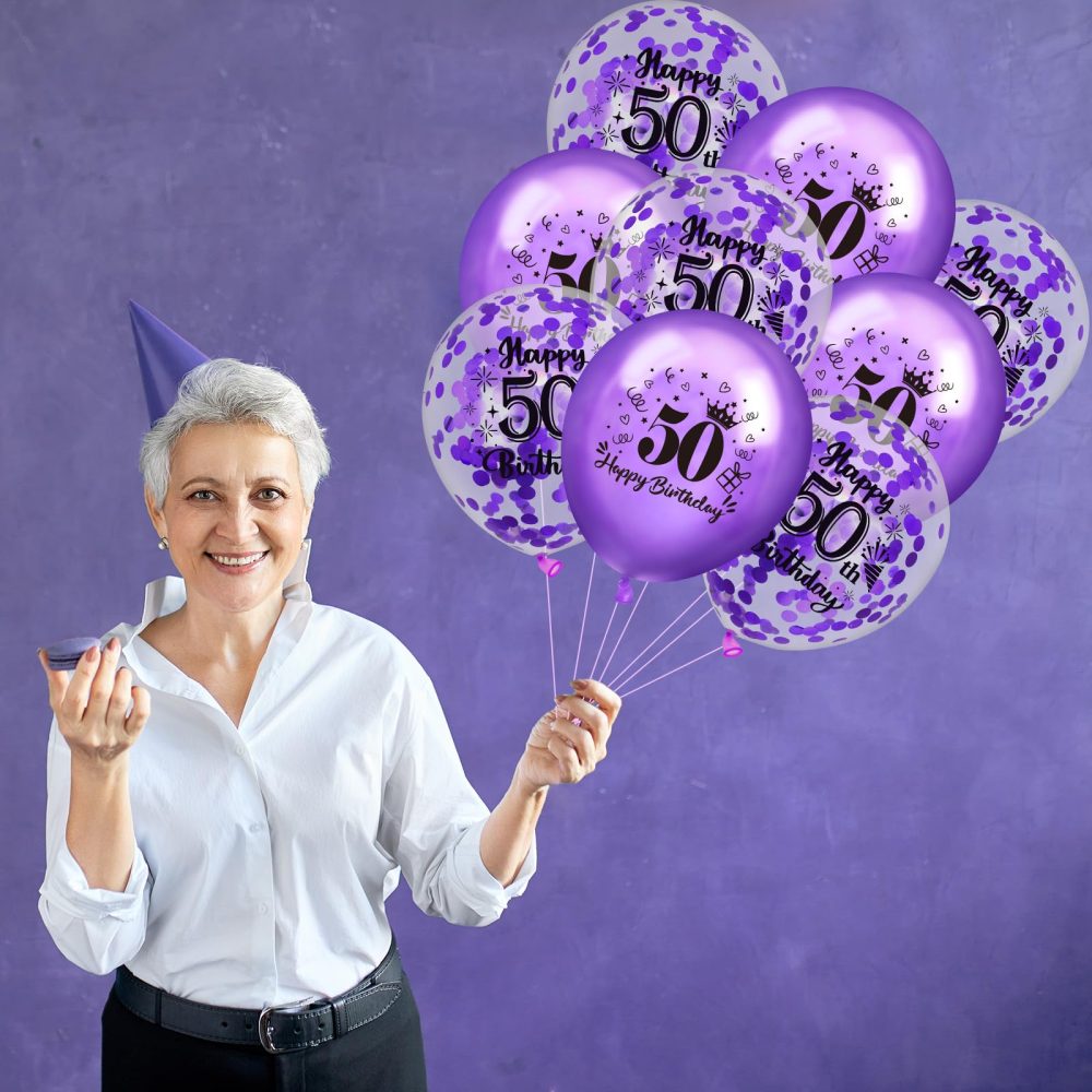 50th Birthday Balloons 18Pcs Purple Happy 50th Birthday Balloons Confetti Balloons Purple 50th Birthday Party Decorations Balloons for Women 50 Years Old Anniversary Birthday Decor Supplies 12 inches - Image 7