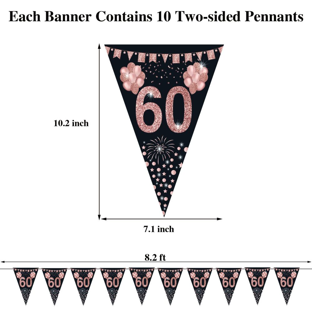 60th birthday bunting, Happy Banner Bunting Flags, 40 Pieces Triangle Rose Gold Glitter Diamond by Numbers 60th Birthday Anniversary Theme Party Decoration Supplies - Image 6