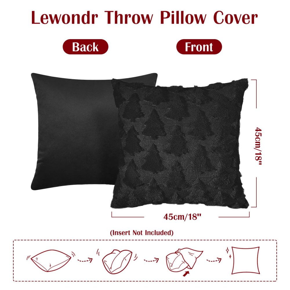 Lewondr Christmas Throw Pillow Cover 18x18, Set of 2 Super Soft Faux Fur Pillow Covers Velvet Christmas Tree Embroidery Decorative Throw Pillowcase for Living Room Bed Couch Sofa Car Home Decor, Black - Image 4