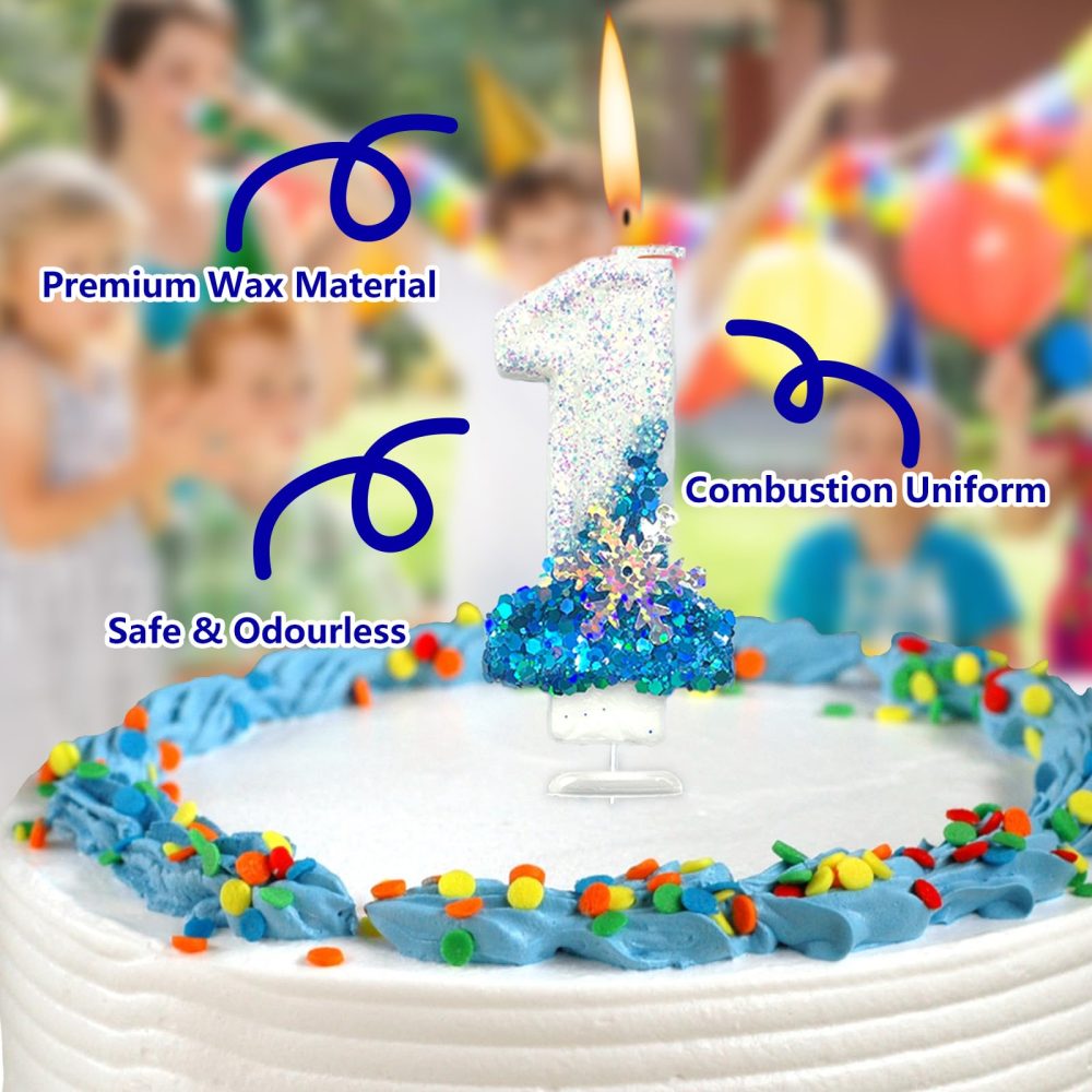Blue White Frozen Birthday Candles for Cake, Number Candles with Snowflake, Frozen Cake Candles Decorations for Kids, Glitter Number Candles for Birthday Wedding Anniversary (Number 4) - Image 3
