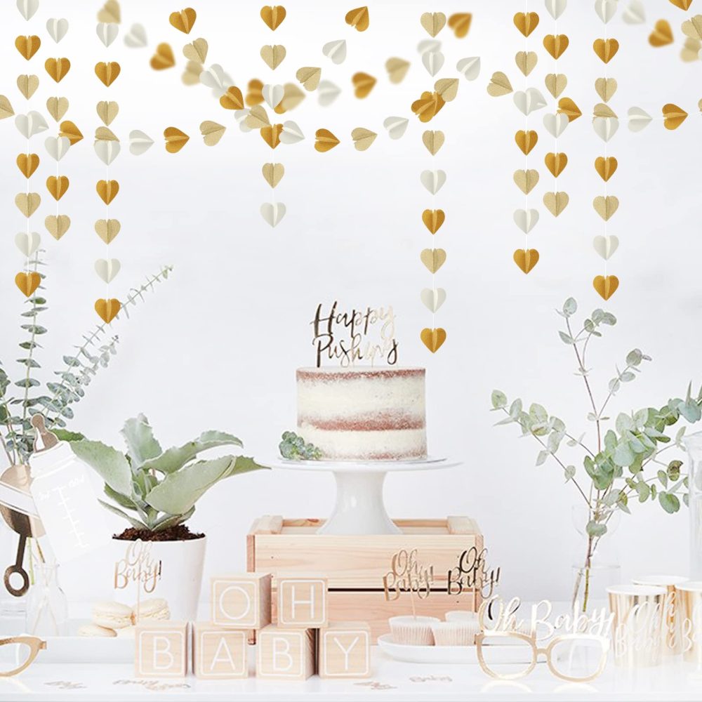 White-Gold Champagne Gold 3D-Heart Garland - 39Ft Christmas Wedding Engagement Hanging Decoration Streamers Banner,Bachelorette Neutral Baby Bridal Shower Valentines Party Decor Lasting Surprise - Image 3
