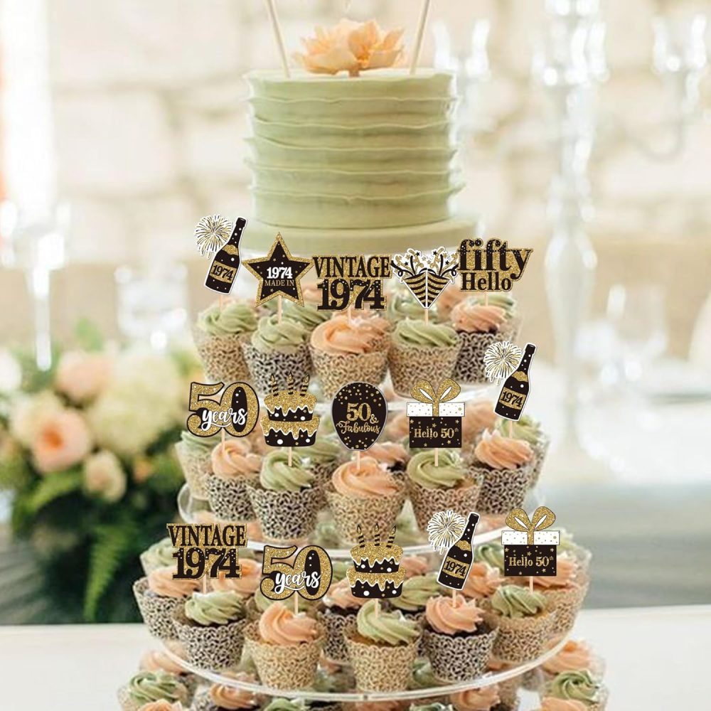 SYKYCTCY 36 Pack Vintage 1974 Cupcake Toppers cheers to 50th Birthday Cupcake Picks Hello Fifty Birthday Cupcake Decorations for Happy 50th Birthday Wedding Anniversary Party Supplies - Image 3
