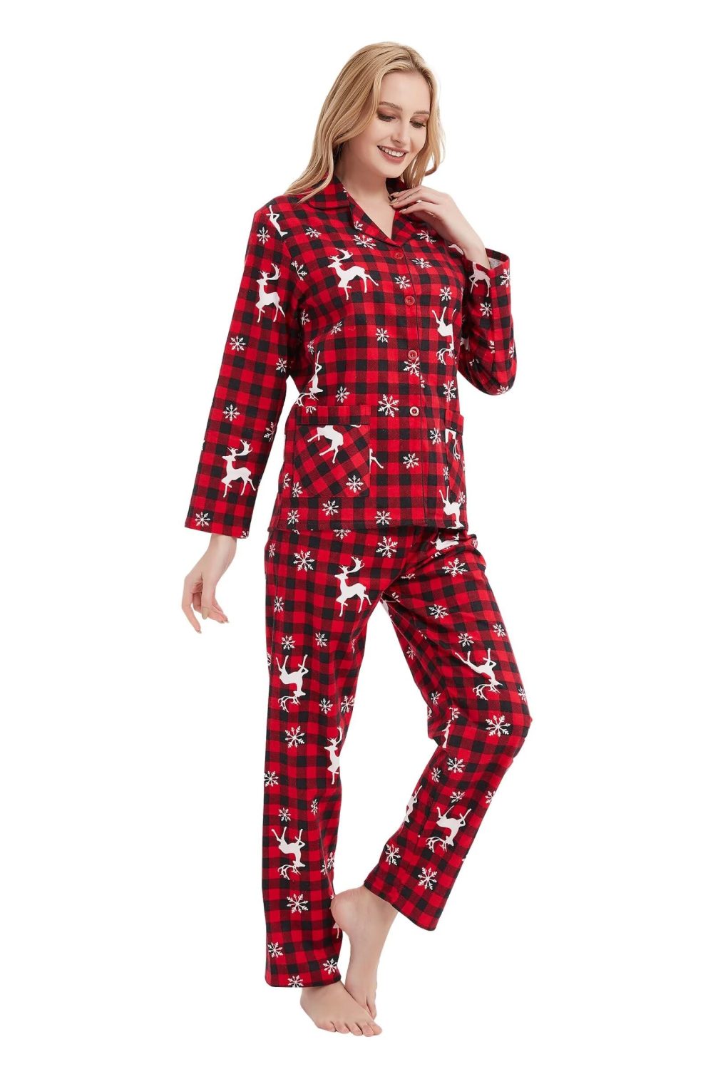 GLOBAL Pyjamas for Women Flannel Cotton Sleepwear long Ladies Pyjamas Sets Button Down LoungewearRed Checks Reindeer,L - Image 6