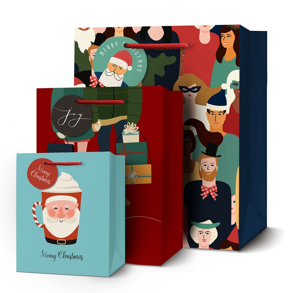easykart labels 12 Christmas Bag Assortment, 4 Each of Small 6", Medium 9", Large 13”, Santa Claus Theme Kraft Paper Bags Christmas Goody Bags for Gift Wrapping