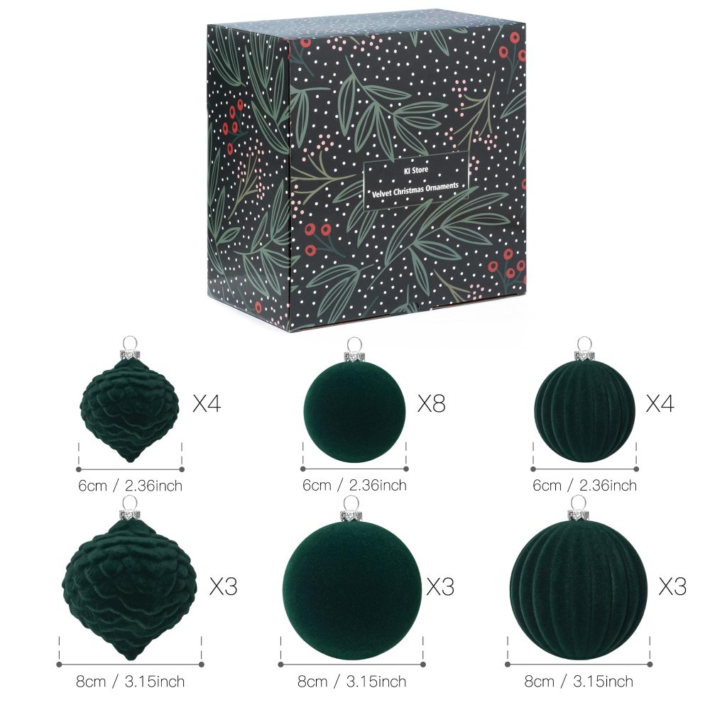 KI Store Dark Green Velvet Christmas Baubles 25pcs Shatterproof Flocked Christmas Tree Ornaments Assorted for Xmas Tree Decorations - Image 2
