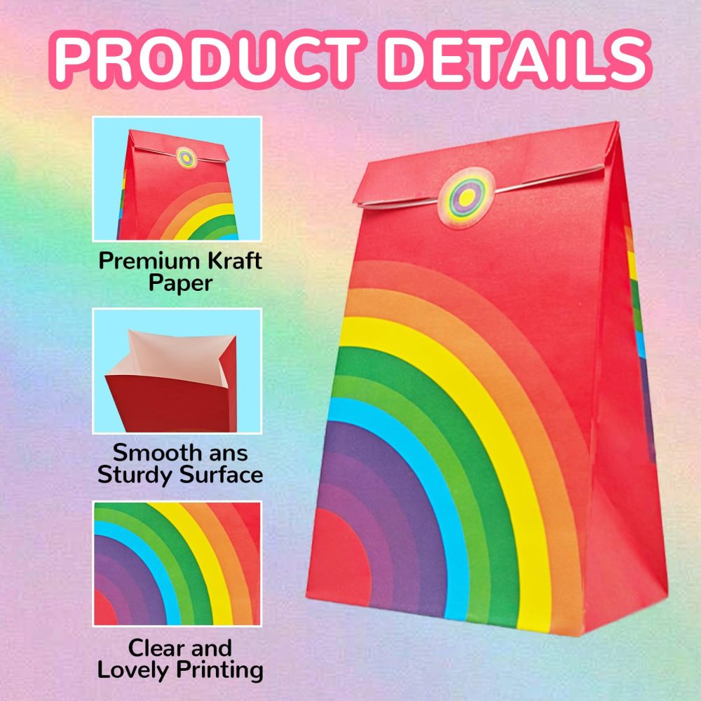12 Pieces Rainbow Goody Bags with Sticker, Reusable Rainbow Stripe Paper Bags, Rainbow Sweet Treat Kraft Bags, Multi-Color Flat Bottom Paper Bags, Kraft Gift Bags for Baby Baptism Wedding Party - Image 6